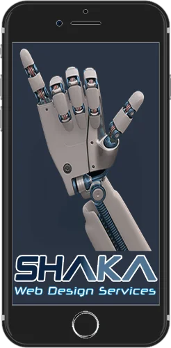 iPhone showing Shaka Web Designs' logo on screen featuring the shaka sign by a robotic hand.