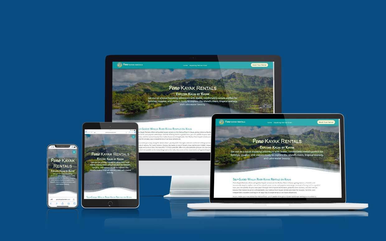 Pono Kayak Rentals, Kauai, HI Custom website design by Shaka Web Design Services where every website is built with Aloha.